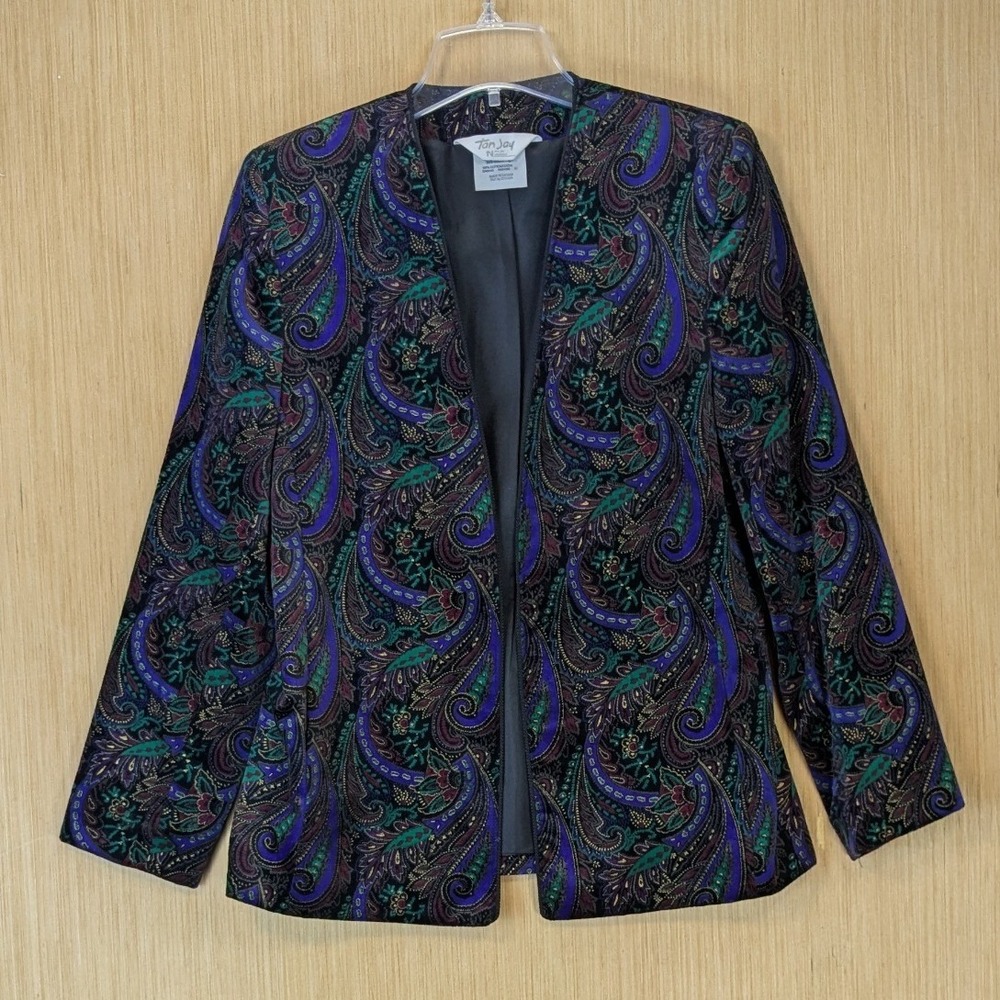 Vintage Tan Jay Retro 90s Maximalism Paisley Open Front Jacket 6 Multi Color